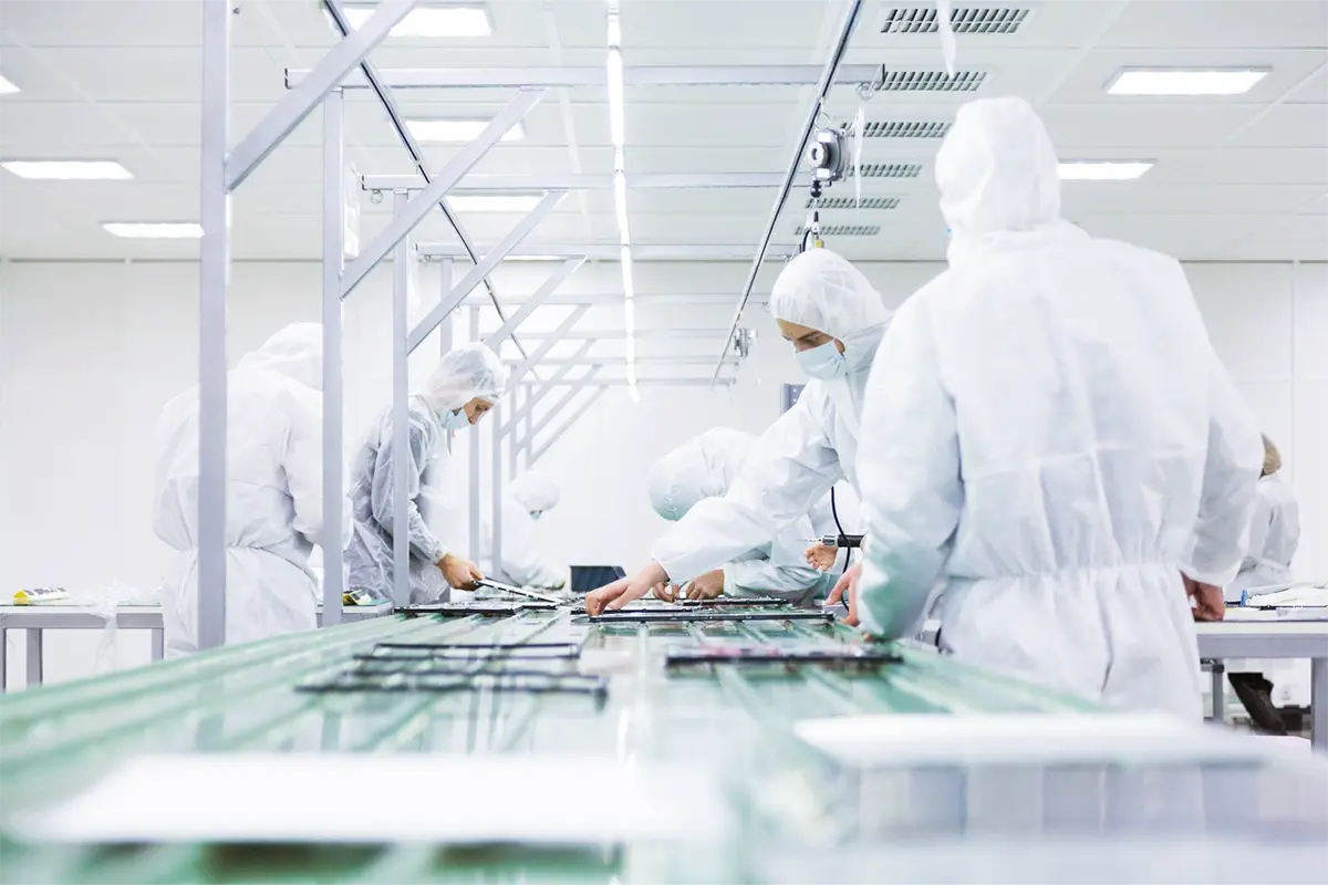 technicians in full cleanroom suits inspecting equipment inside a cleanroom